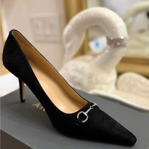 Ann Taylor Black Suede Heels with Silver Accent